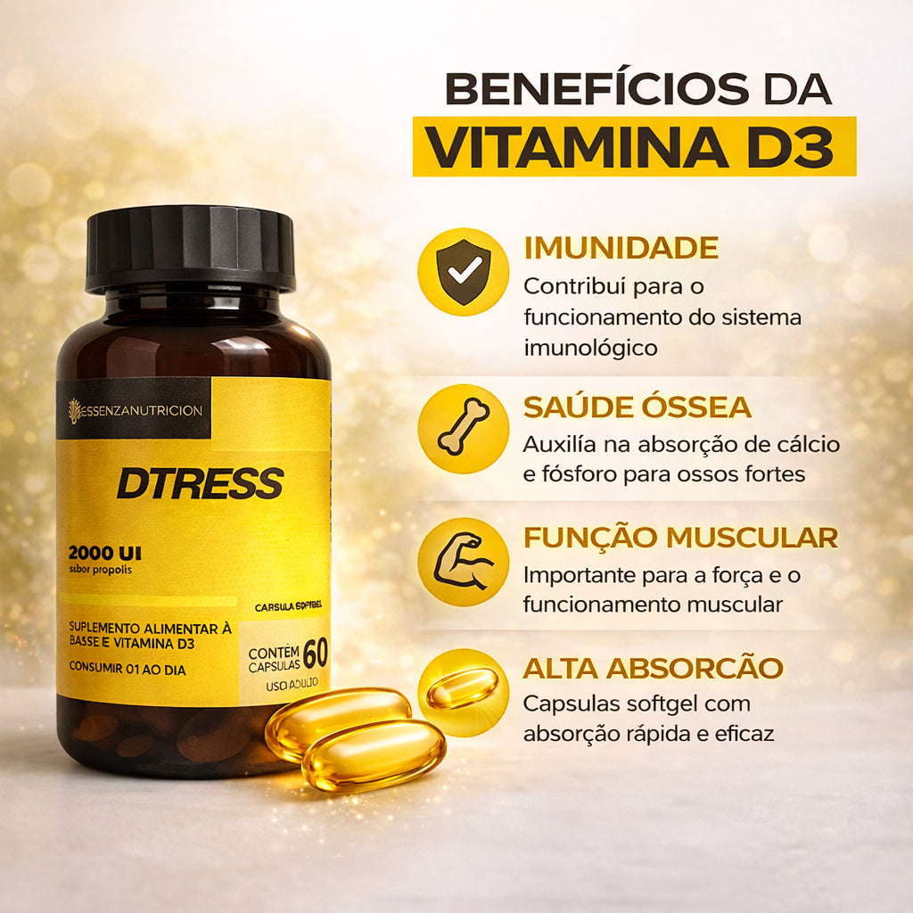 Vitamina D3 2000UI Colecalciferol DTRESS | Imunidade, Ossos e Saúde Muscular